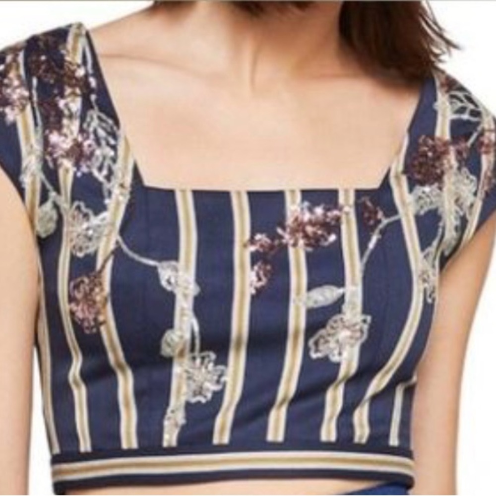 BCBG Cropped top with cap sleeves in navy, gold, silver and embroidered sequins.